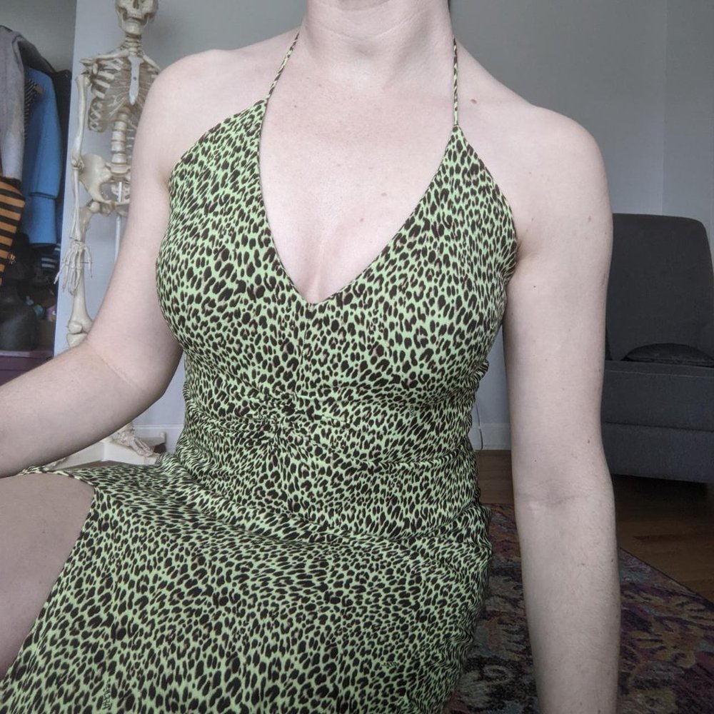 AFRM Limelight Halter -  lime leopard halter dress with front slit -S (4/6)